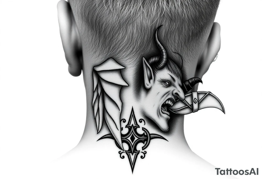 position behind the neck Angel (on the right) whispering in the right ear, demon (on the left) whispering in the left ear tattoo idea