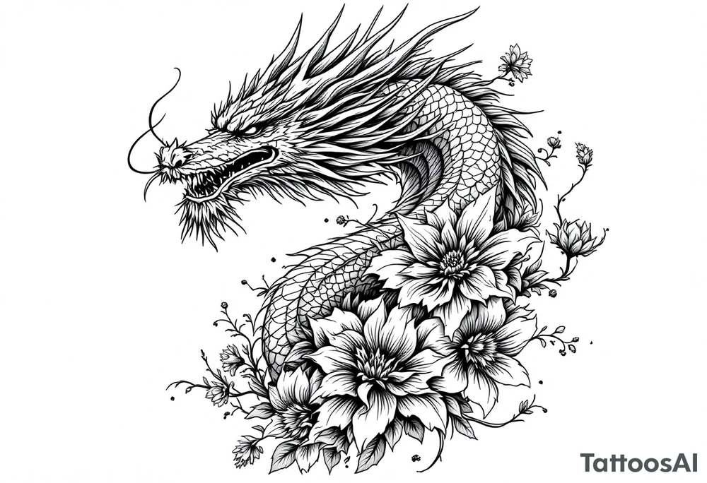 dragon with flowers tattoo idea