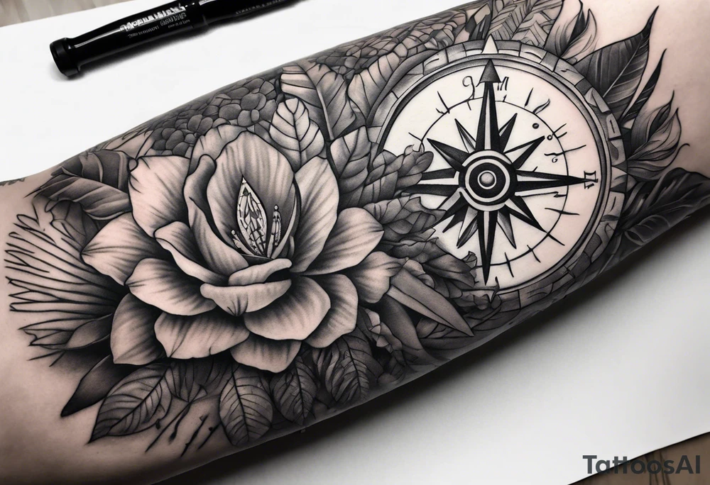 full arm sleeve, jungle plants, compass, all-seeing eye tattoo idea