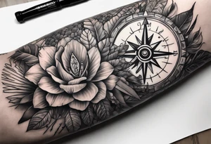 full arm sleeve, jungle plants, compass, all-seeing eye tattoo idea