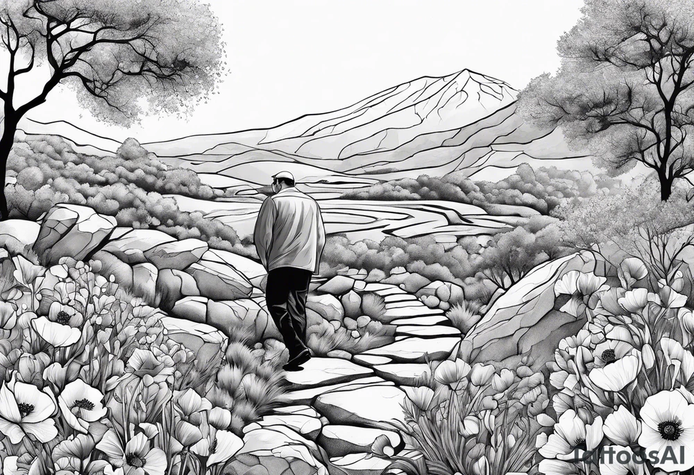 Greek father tending to rock garden with poppy flower tattoo idea