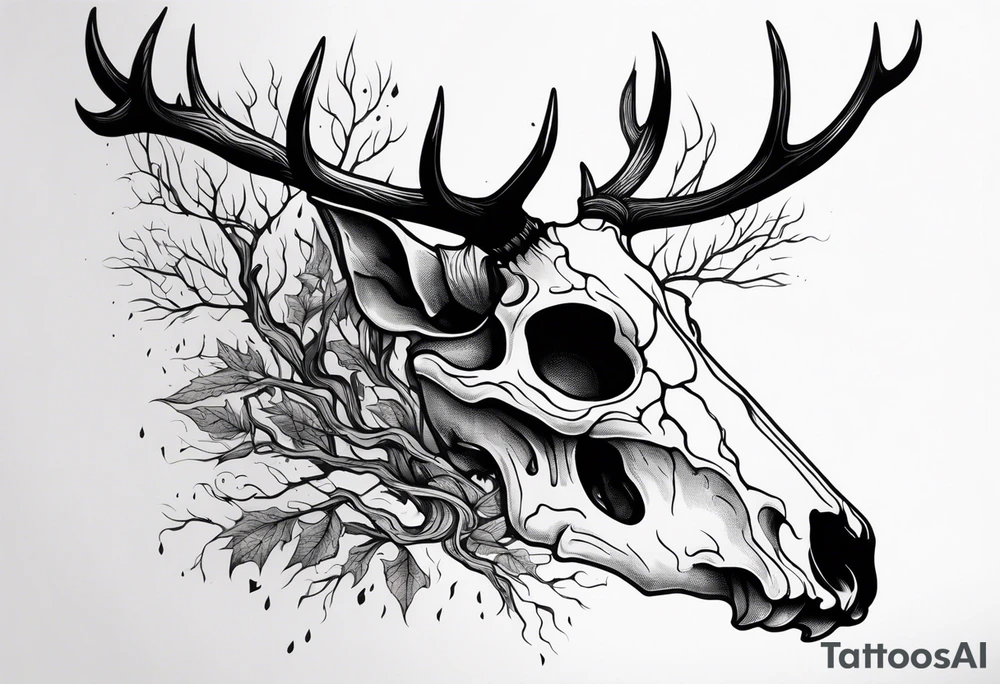 side profile of a DECAYING deer skull JUST BONE surrounded by a flames and trees tattoo idea