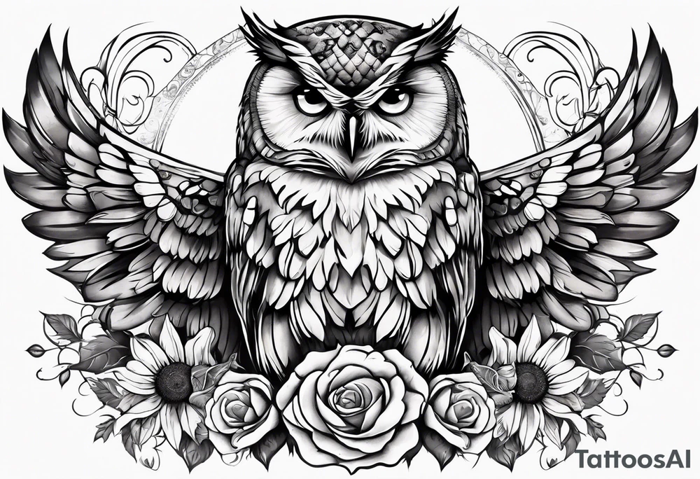 Owl with angel wings surrounded by sunflowers and butterflies sleeve tattoo idea