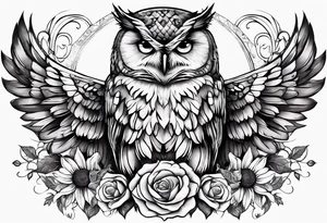 Owl with angel wings surrounded by sunflowers and butterflies sleeve tattoo idea