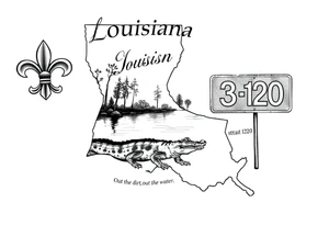 Louisiana state outline with fleur-de-lis, a bayou with a gator and trees , the 318 area code and and quote that says  Out the dirt, out the water, straight from 318 , a sign that says I-20 tattoo idea