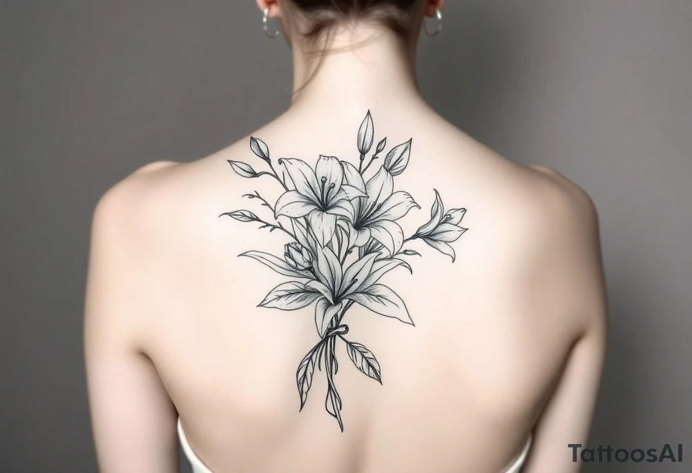 lilies and spider plant in a floral wrap on the arm tattoo idea