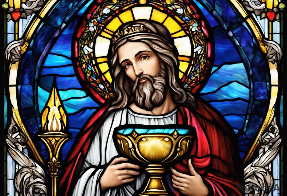 holy saint stained glass holding a chalice tattoo idea