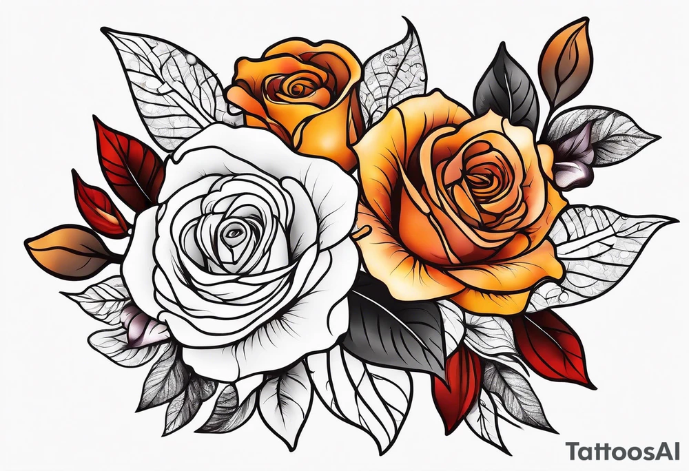 sleeve tattoo in fall colors with roses background swirls, leaves tattoo idea
