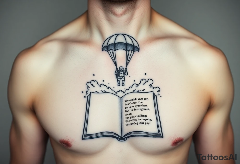 A parachuting soldier landing into an open book. Chaos surrounding, but a sense of security inside the book. On the chest. book contains a quote. Make it smaller tattoo idea