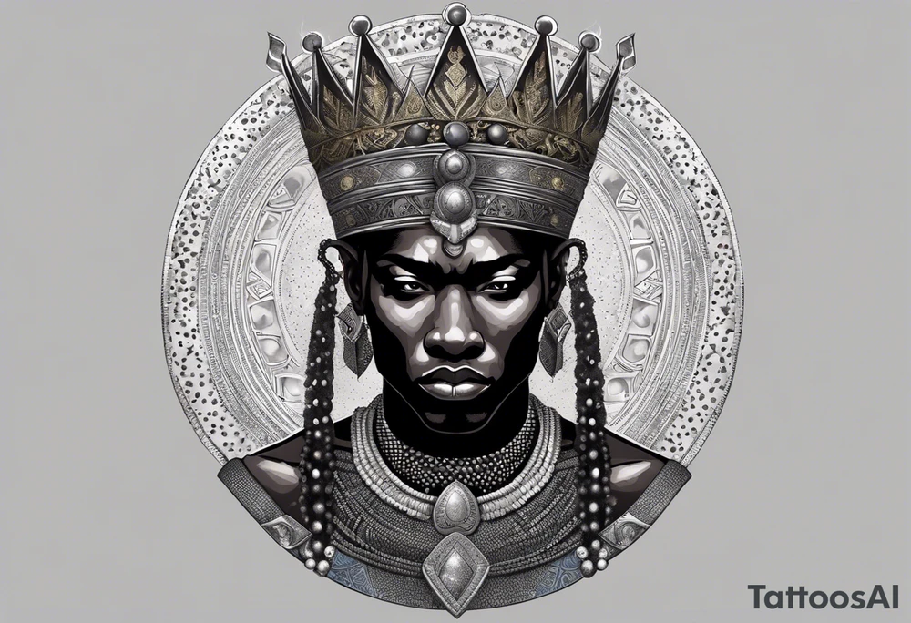 An african god, a bald black-skinned warrior, that uses a sword and a silver crown. He also uses blue and red necklaces tattoo idea