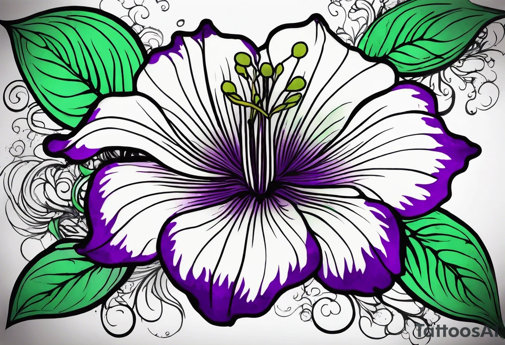 A mystical outline of a green and purple rio dipladenia flower and a green and purple watercolor splash in the background tattoo idea