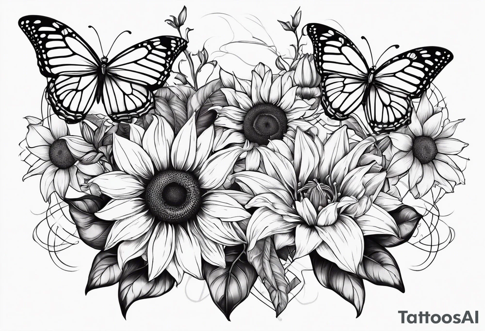 Sunflower and lily with butterflies in a line tattoo idea