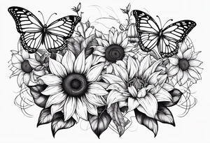 Sunflower and lily with butterflies in a line tattoo idea