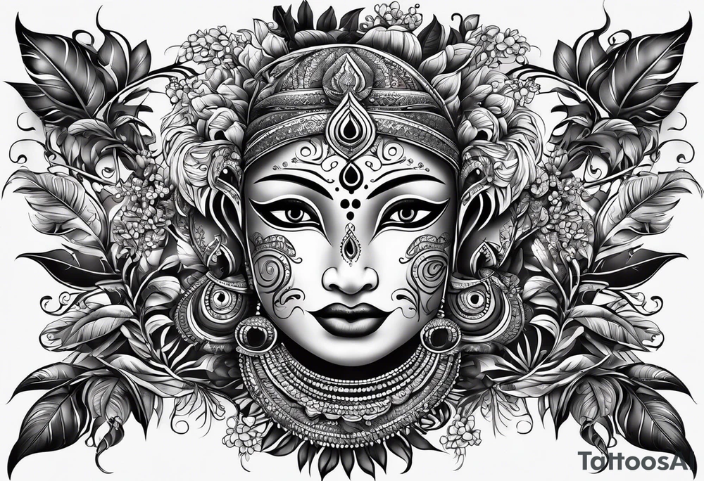 full sleeve tattoo with pottan theyyam face on top flowing down into vines which becomes two eyes in the bottom. tattoo idea