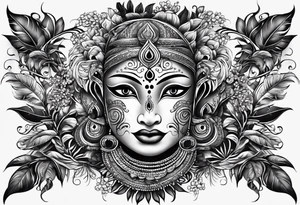 full sleeve tattoo with pottan theyyam face on top flowing down into vines which becomes two eyes in the bottom. tattoo idea