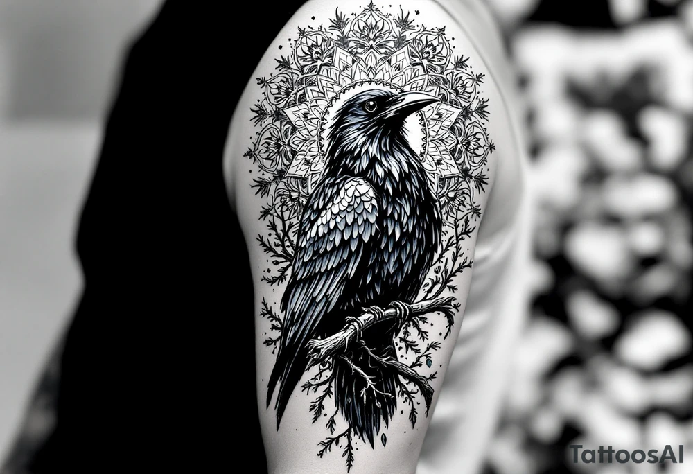 left arm tattoo of a raven on a branch surrounded by mandala tattoo idea