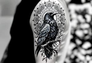 left arm tattoo of a raven on a branch surrounded by mandala tattoo idea