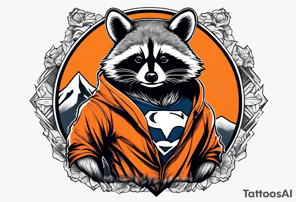 Raccoon wearing an orange Superman hoodie tattoo idea
