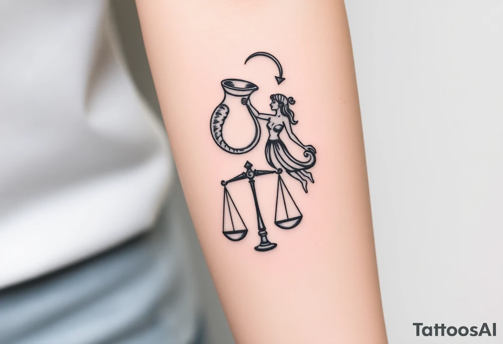 I want a tattoo that combines the Aquarius water bearer and the Libra scales. The water should flow elegantly from the jug, merging into or balancing the scales below. tattoo idea