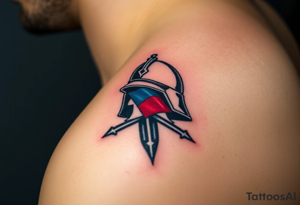 A Czech flag wrapped around a soldier’s helmet, symbolizing honor and national pride tattoo idea