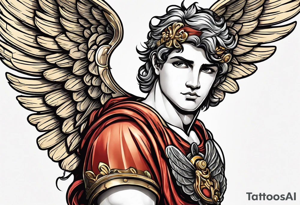 cupido  fly boy with wings, background sea, ancient rome gods tattoo idea