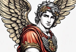 cupido  fly boy with wings, background sea, ancient rome gods tattoo idea