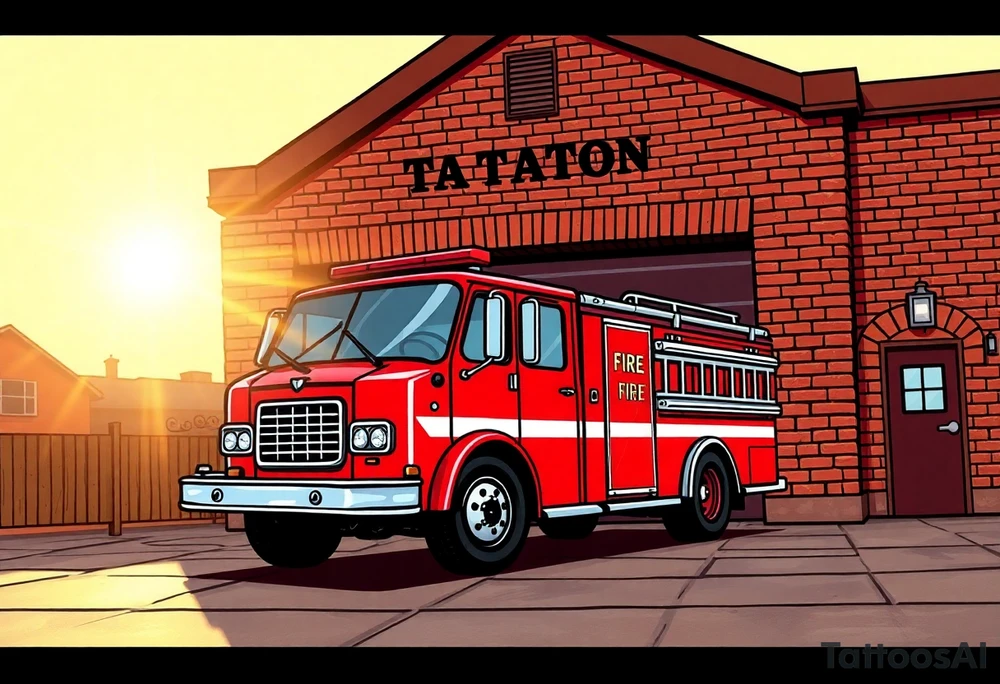 A fire station with an old-school red fire truck parked in front, with warm brick textures and golden sunlight casting long shadows. tattoo idea