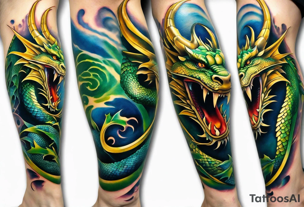 An epic dragon wraps around the calf, its body coiling dynamically, with scales and horns detailed to create a sense of movement and strength. The dragon features accents in green, blue, and gold, giving a vibrant depth and a mystical aura. This tattoo highlights the dragon’s fierce expression and sharp claws as it wraps protectively around the leg. Style: Realism tattoo idea
