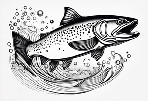 A rainbow trout jumping out of rapid waters and into  constellations and the universe tattoo idea