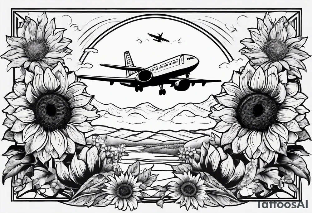 Make a minimalistic vertical postage stamp tattoo design with sunflowers at the bottom and a modern airplane flying over in the background tattoo idea
