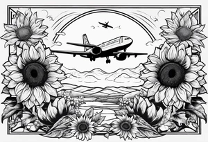 Make a minimalistic vertical postage stamp tattoo design with sunflowers at the bottom and a modern airplane flying over in the background tattoo idea