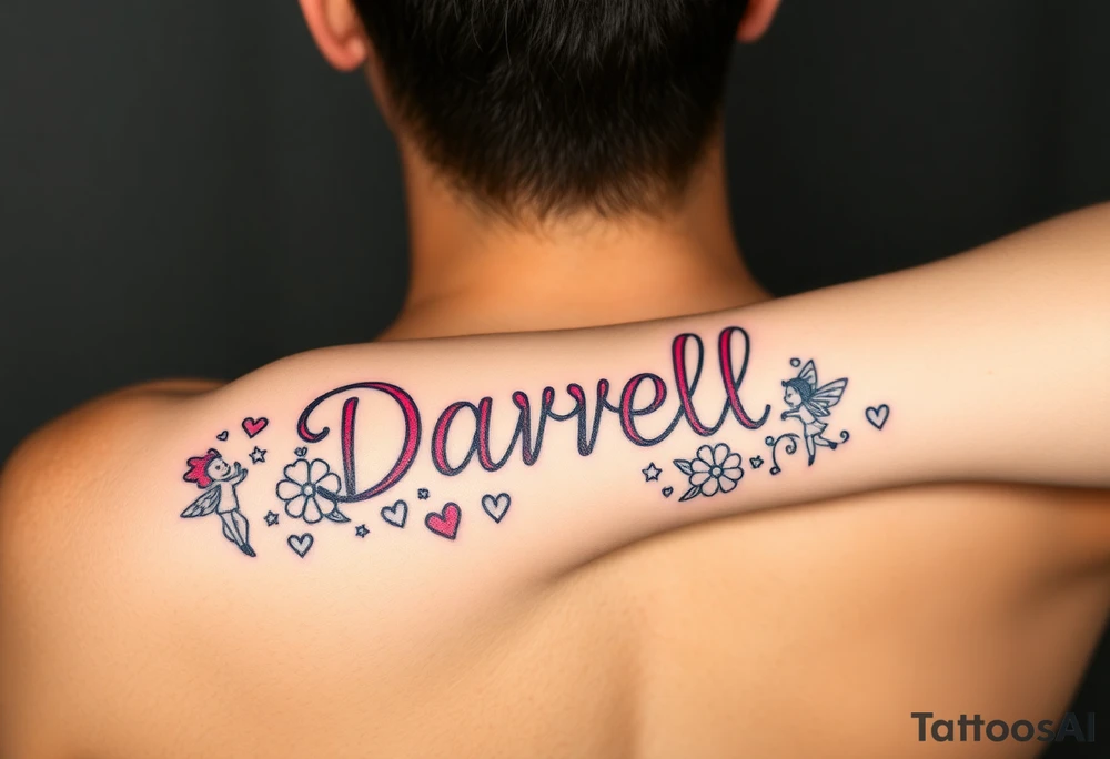 "Darrell" in 1 in cute font, inner forearm from elbow to wrist, whimsical, bright neon colors, surrounded with hearts, flowers and fairies tattoo idea