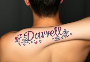 "Darrell" in 1 in cute font, inner forearm from elbow to wrist, whimsical, bright neon colors, surrounded with hearts, flowers and fairies tattoo idea