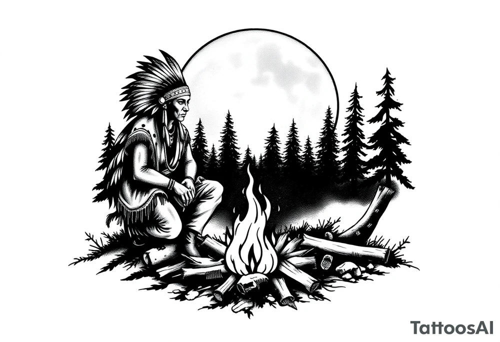 Native americans by campfire silhouette in moonlight in nature tattoo idea