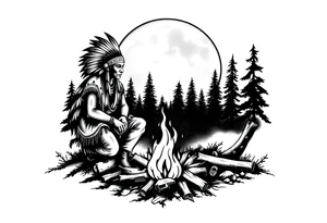 Native americans by campfire silhouette in moonlight in nature tattoo idea