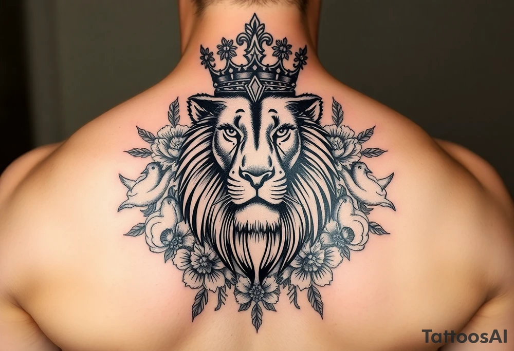 powerful majestic lion with a crown, surrounded by floral ornaments and birds tattoo idea