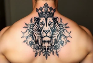 powerful majestic lion with a crown, surrounded by floral ornaments and birds tattoo idea