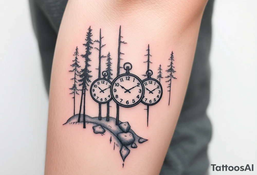 Forest landscape with three clocks with dates tattoo idea