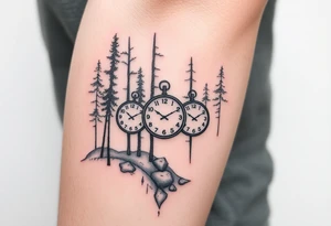 Forest landscape with three clocks with dates tattoo idea