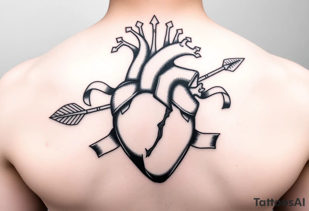 anatomical heart pierced by ornate arrow with flowing ribbons tattoo idea