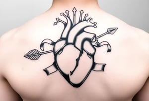 anatomical heart pierced by ornate arrow with flowing ribbons tattoo idea