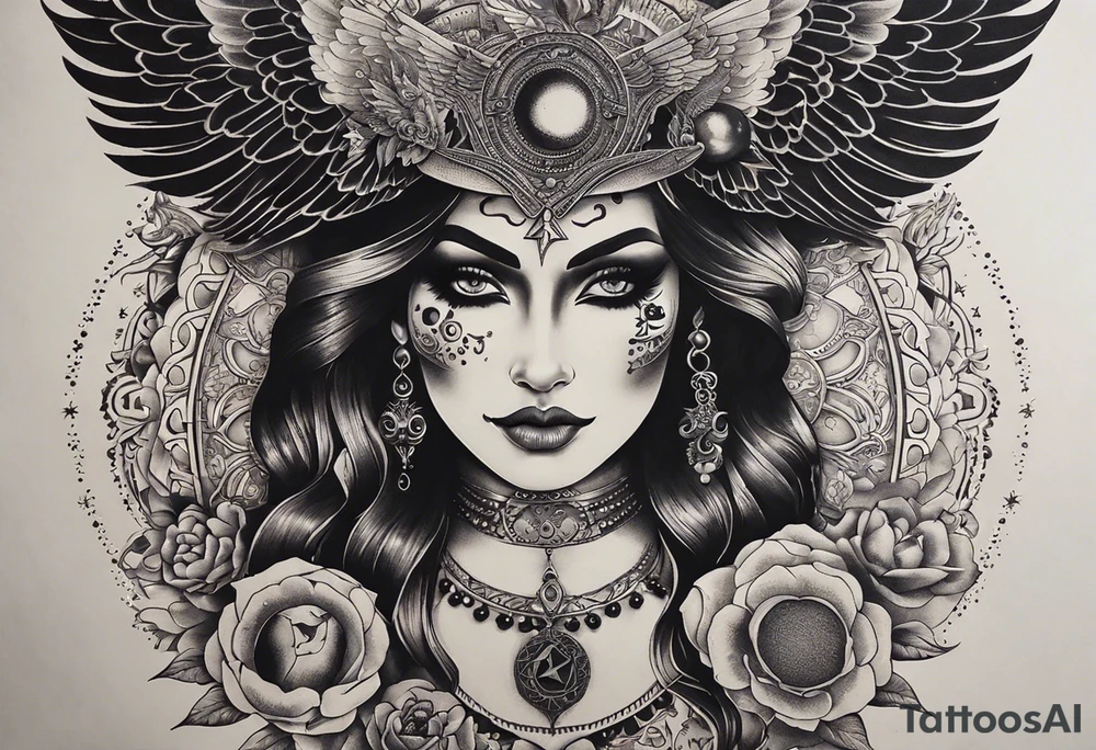 black kali, goddess pirate, alien, angel, pachamama, valkrye, warrior, flying, skull, lotus azul, wing, eagle, zenza resonance, stars, 5D, anahata chakra, death, durga, riding on a tiger, flying lady, chest tatoo tattoo idea