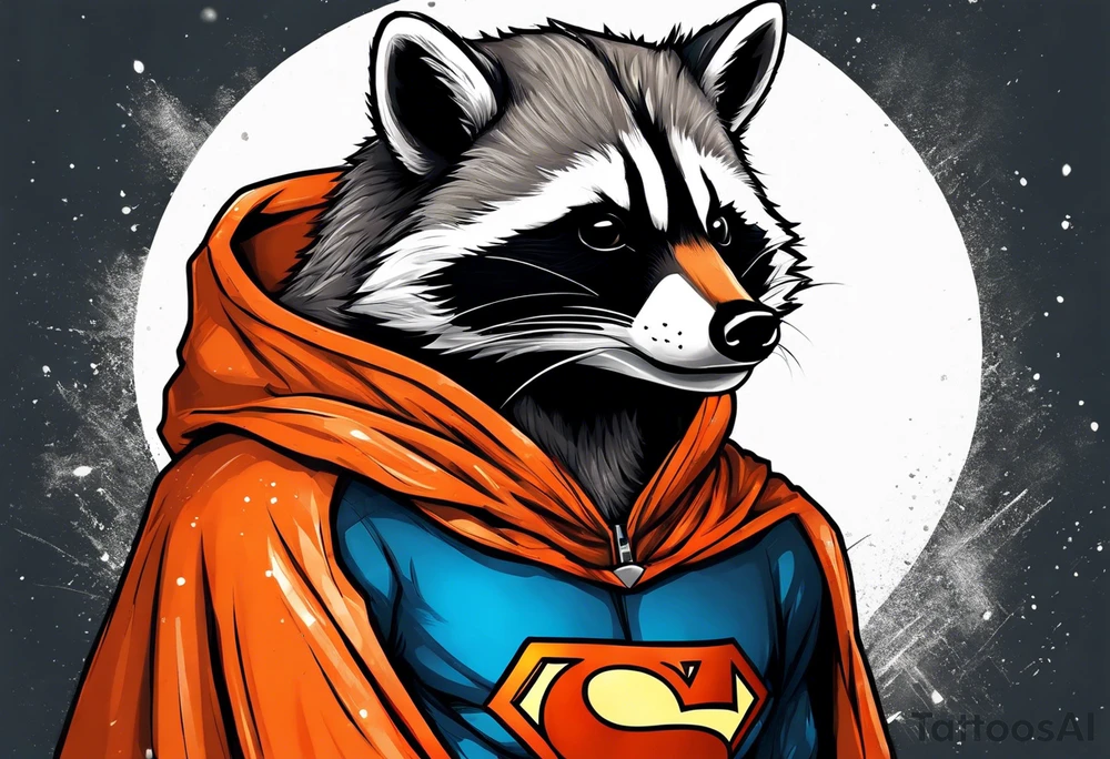 Raccoon wearing an orange Superman hoodie tattoo idea