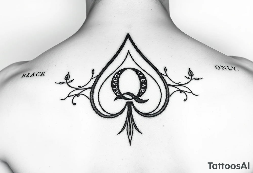 A spade womb tattoo with a Q in the center, with three points around the outside. The first reading, "BLACK". The second reading, "SEED". The third reading, "ONLY". tattoo idea