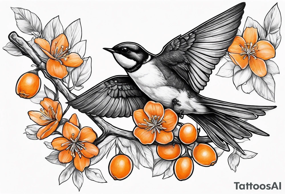 swallow flying off of branch with orange blossoms tattoo idea