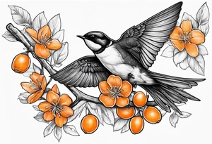 swallow flying off of branch with orange blossoms tattoo idea