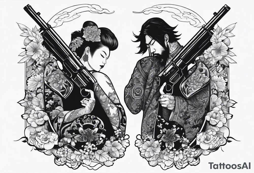 A reflection of two black  siloets of people  holding guns at two siloets dead tattoo idea