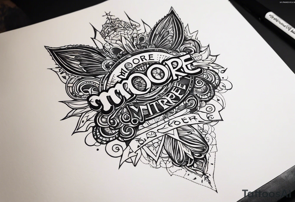 A thigh tattoo of the name Moore and also says from the past we rise to our future tattoo idea