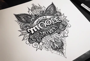 A thigh tattoo of the name Moore and also says from the past we rise to our future tattoo idea