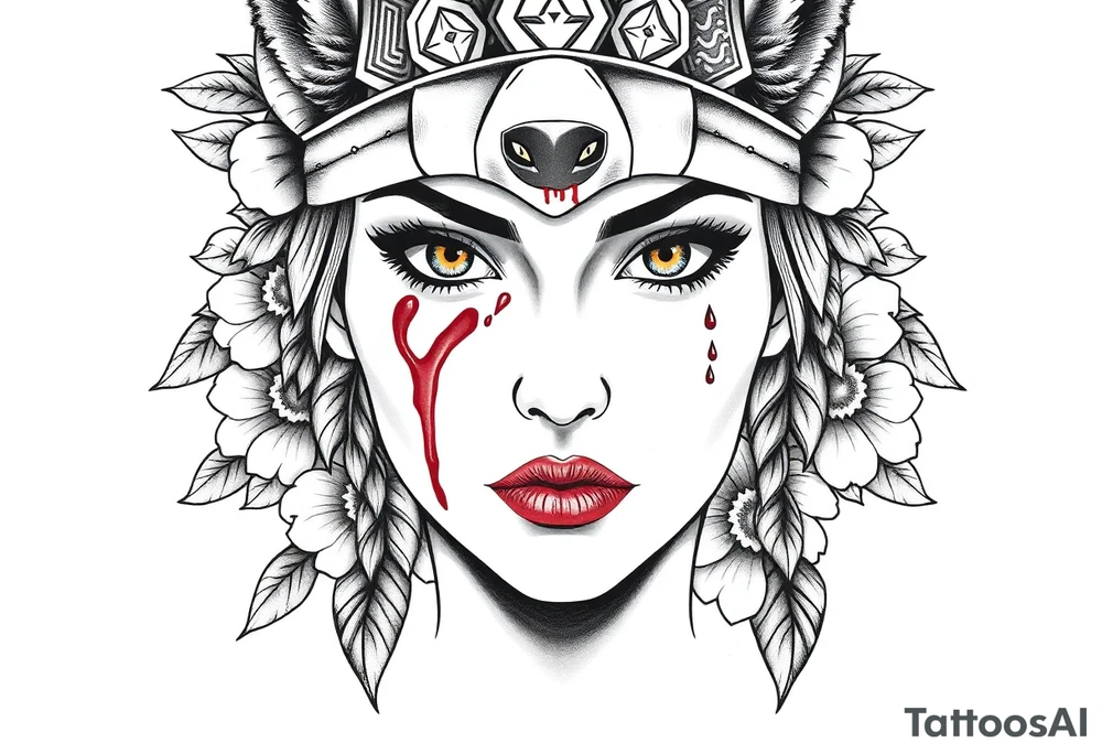 Young Symmetrical Beautiful Woman, looking forward, with colored eyes, shedding a tear, with battle scars and blood on face, with soft look, wearing a mean looking bear headdress on head, with flower background tattoo idea